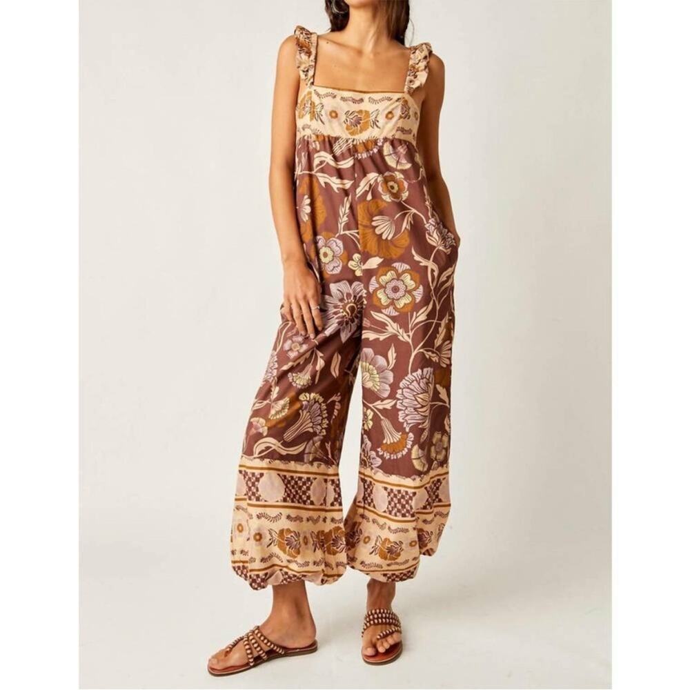 Free People Cotton Floral Smocked Back Albright Bali Jumpsuit Coffee Combo S